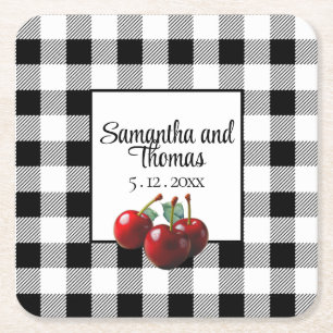 Vintag Cherries Schwarz-weiß Gingham Rechteckiger Pappuntersetzer