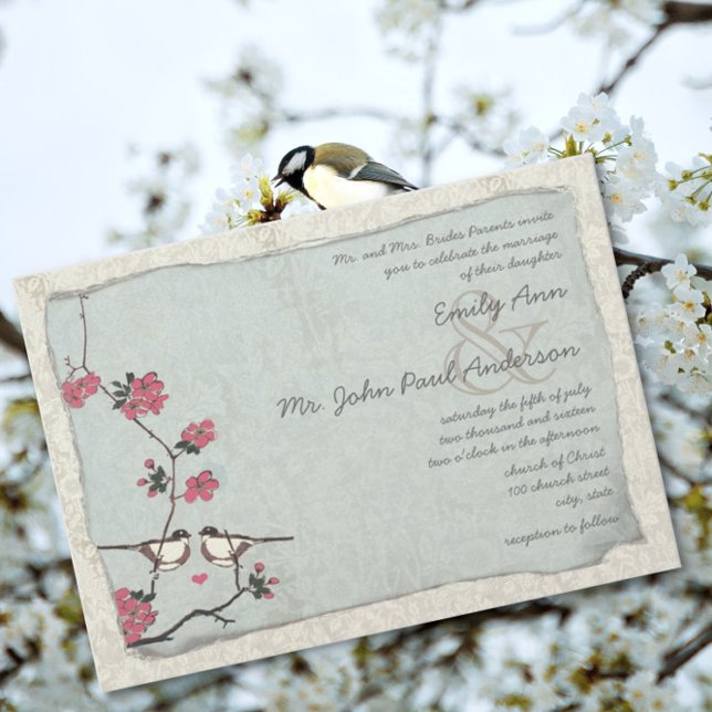 Vintag Cherry Blossom Chickadee Damask Hochzeit Einladung (Von Creator hochgeladen)