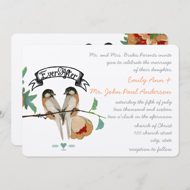 Vintag Cherry Blossom Love BIrd Peach Mint Einladung (Vorne/Hinten)