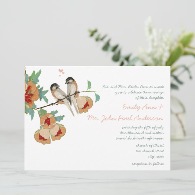 Vintag Cherry Blossom Love BIrd Peach Mint Einladung (Stehend Vorderseite)