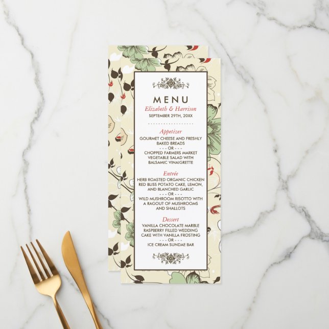 Vintag Chic Floral Wedding Menu Menükarte (Vorderseite/Rückseite Beispiel)
