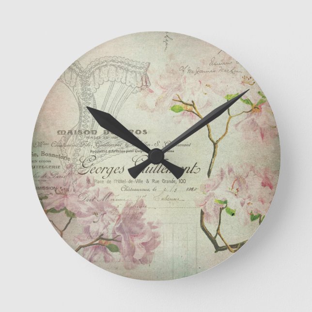Vintag Chic Französisch Script Shabby Blume Corset Runde Wanduhr (Vorderseite)
