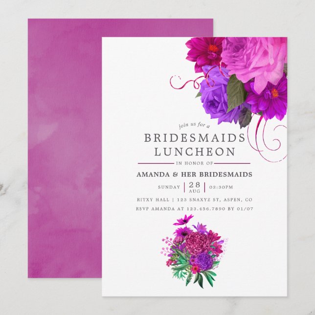 Vintag Chic Fuchsia & Lila Bridesmaids Luncheon Einladung (Vorne/Hinten)