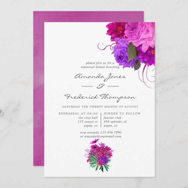 Vintag Chic Fuchsia und Lila Probe Einladung (Vorne/Hinten)
