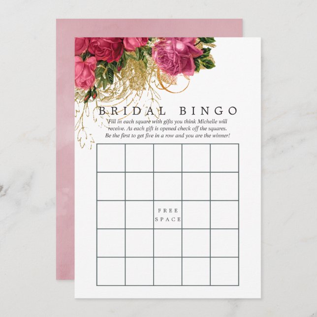 Vintag Chic Rose Gold & Blush Brautparty Bingo Einladung (Vorne/Hinten)