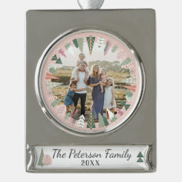 Vintag Chic Weihnachtsbaumen Familien Foto PINK Banner-Ornament Silber