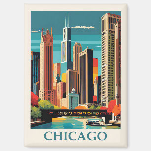 Vintag Chicago Illinois City Skyline Retro Travel Magnet