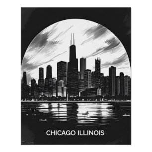Vintag Chicago Illinois City Skyline Retro Travel Poster