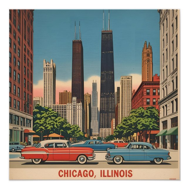 Vintag Chicago Illinois City Skyline Retro Travel Poster (Vorderseite)