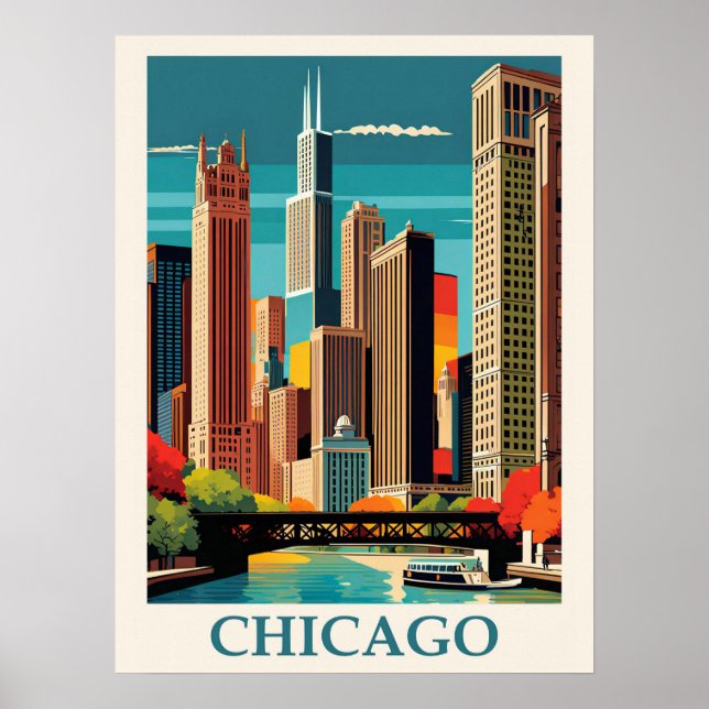 Vintag Chicago Illinois City Skyline Retro Travel Poster (Vorne)