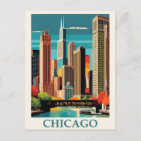 Vintag Chicago Illinois City Skyline Retro Travel
