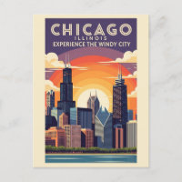 Vintag Chicago Illinois City Skyline Retro Travel