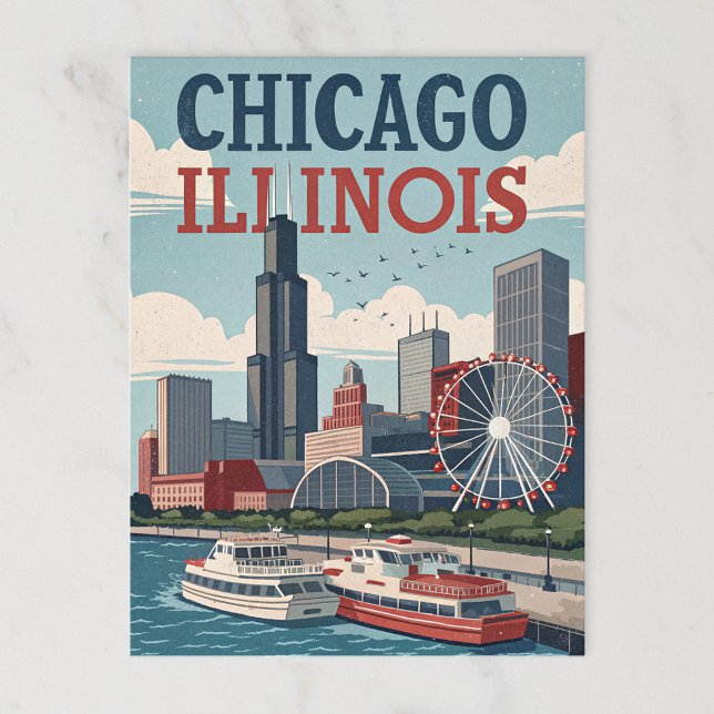 Vintag Chicago Illinois Skyline Postkarte (Von Creator hochgeladen)