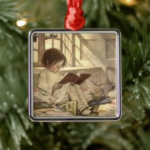 Vintag Child Reading a Book, Jessie Willcox Smith Silbernes Ornament