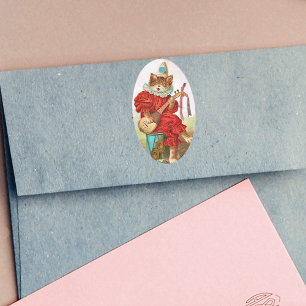 Vintag Clown Jester Musician Cat Mandolin Ovaler Aufkleber