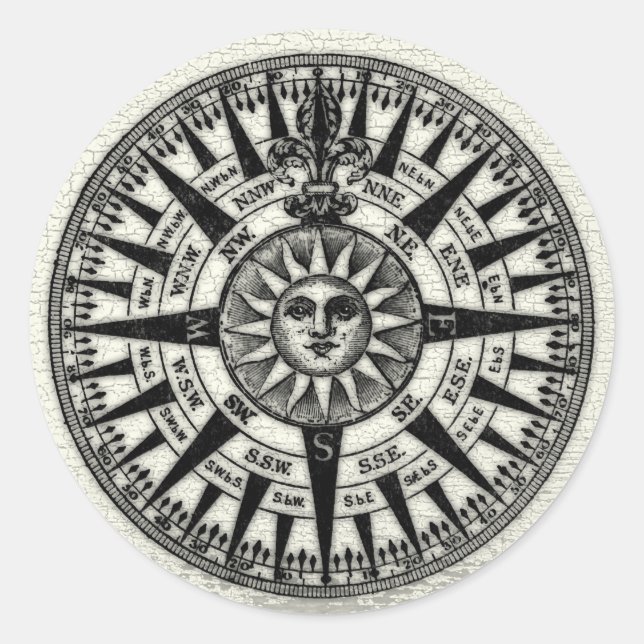 Vintag Compass Rose Sun Runder Aufkleber (Vorderseite)