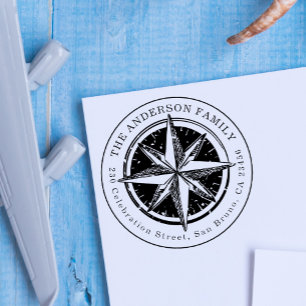 Vintag Compass Round Family Name & Rücksendeadress Gummistempel
