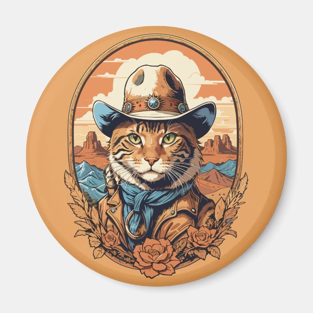 Vintag Cowboy Cat Design Magnet (Vorne)