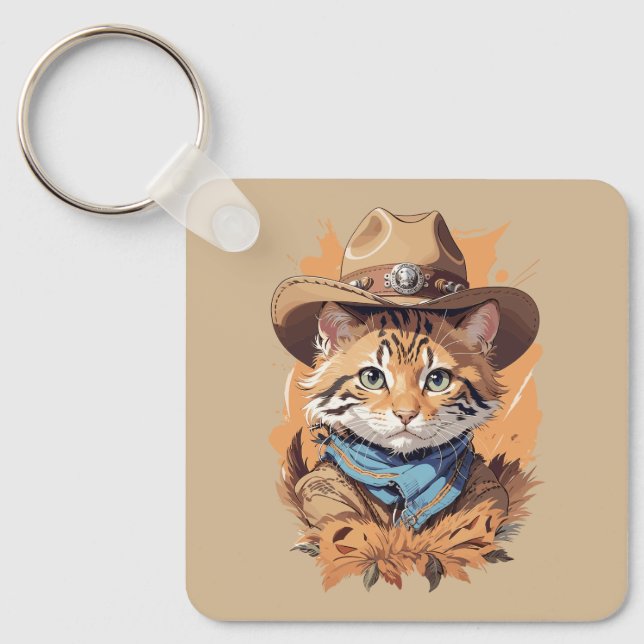 Vintag Cowboy Kitten Design Schlüsselanhänger (Vorderseite)