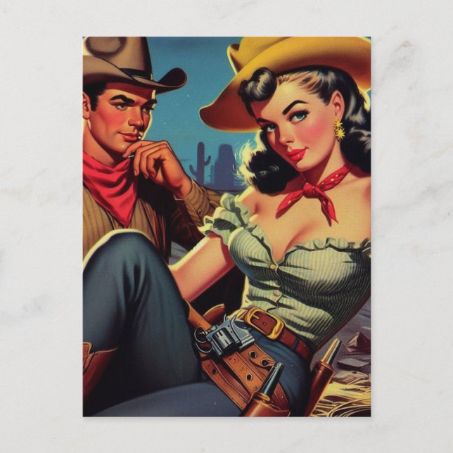 Vintag Cowboy und Cowgirl Postkarte (Vorderseite)