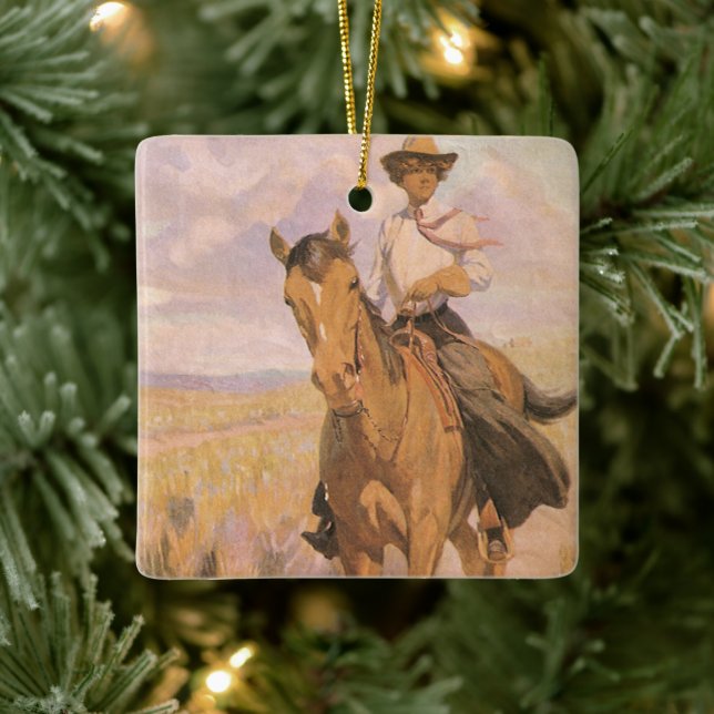 Vintag Cowgirl Cowboy, Woman on Horse von Dunton Keramikornament (Baum)