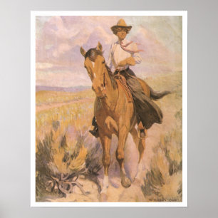 Vintag Cowgirl Cowboy, Woman on Horse von Dunton Poster