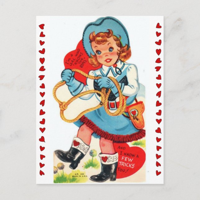 Vintag Cowgirl & Lasso Valentine der 50er Jahre Postkarte (Vorderseite)