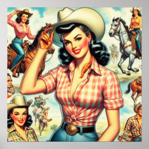 Vintag Cowgirl Seamless Illustration Poster