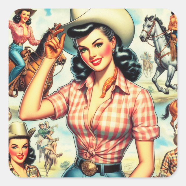 Vintag Cowgirl Seamless Illustration Quadratischer Aufkleber (Vorderseite)