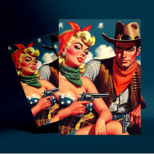 Vintag Cowgirl und Cowboy Postkarte