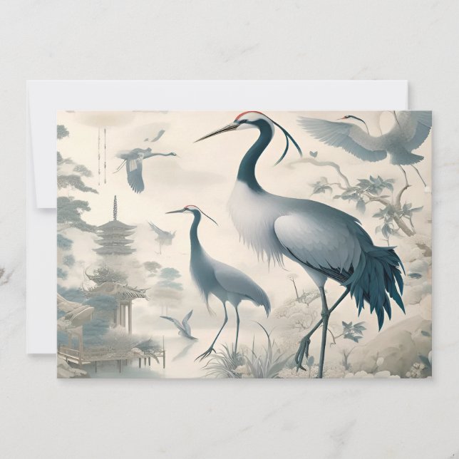 Vintag Cranes Crane Birds Wallpaper Einladung (Vorderseite)