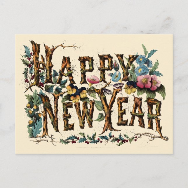 Vintag Currier & Ives 1876 "Happy New Year" Postkarte (Vorderseite)