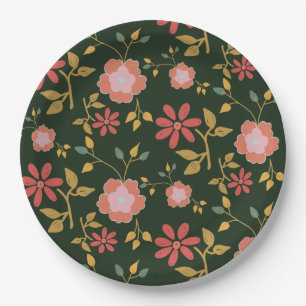 Vintag Daisy Floral Dark Green Pappteller