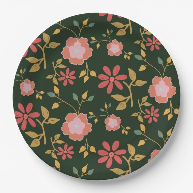 Vintag Daisy Floral Dark Green Pappteller (Vorderseite)