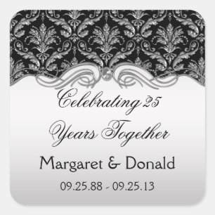Vintag Damask Black und Silver 25 Jahre Quadratischer Aufkleber