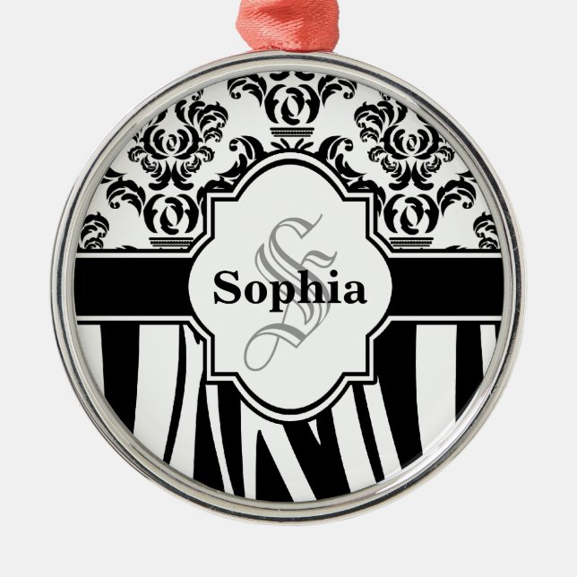 Vintag Damask Coole Zebrastreifen Silbernes Ornament (Vorne)