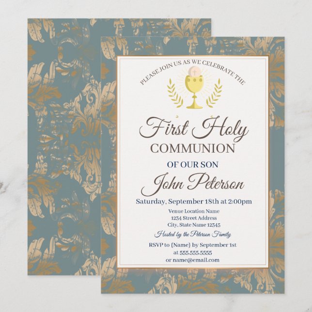 Vintag Damask Erste Heilige Kommune Einladung (Vorne/Hinten)