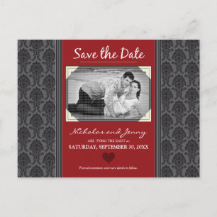 Vintag Damask Foto Cranberry Save the Date Ankündigungspostkarte