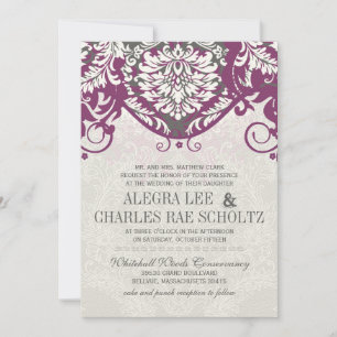 Vintag Damask Grau und Pflaume Moderne Typografie Einladung