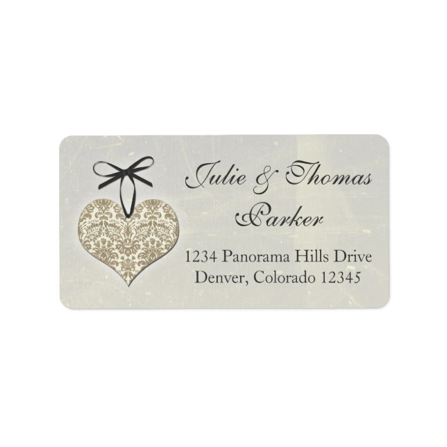 Vintag Damask Heart Silver Gold Hochzeitadresse Adressaufkleber (Vorne)