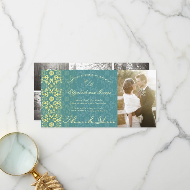 Vintag Damask Lace Peacock Blue Foto Wedding Dankeskarte (Vorderseite/Rückseite Beispiel)