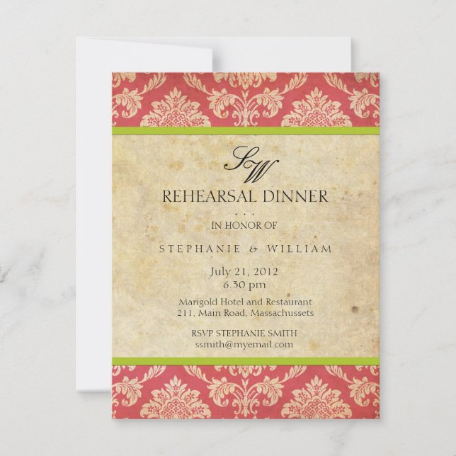 Vintag Damask Monogram Probe Dinner Card Einladung (Vorderseite)