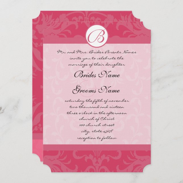 Vintag Damask Pink Monogram Wedding Einladungen (Vorne/Hinten)
