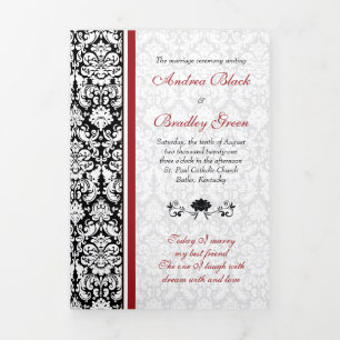 Vintag Damask Red Black Tri-Fold Hochzeitsprogramm Dreifach-gefaltete Programmkarte