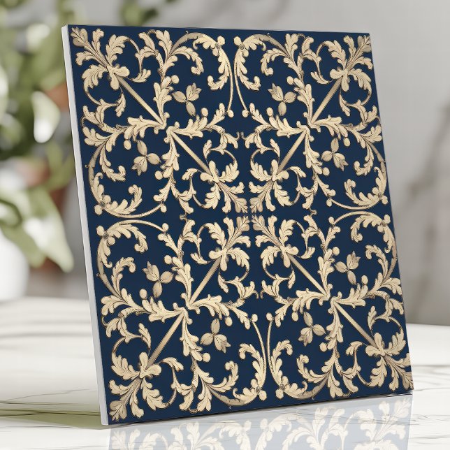 Vintag Damask Scroll Botanischer Navy Blue Gold Fliese (Von Creator hochgeladen)