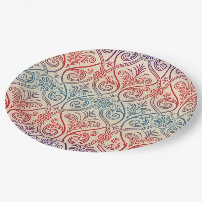Vintag Damask Wallpaper - blau violett Pappteller (Schrägansicht)