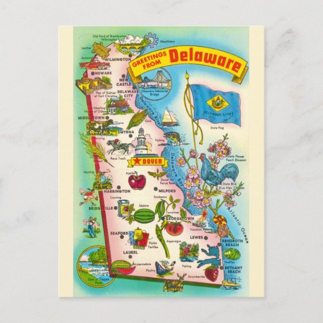 Vintag Delaware Map Postkarte (Vorderseite)