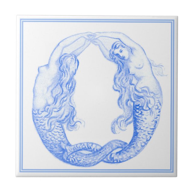 Vintag Delft Blue Art Nouveau Nautical Mermaids Fliese (Vorderseite)