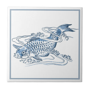 Vintag Delft Blue Catfish im japanischen Stil Zeic Fliese