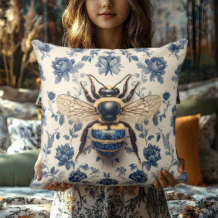 Vintag Delft Blue Gold Honey Bee Cotattcore Kissen